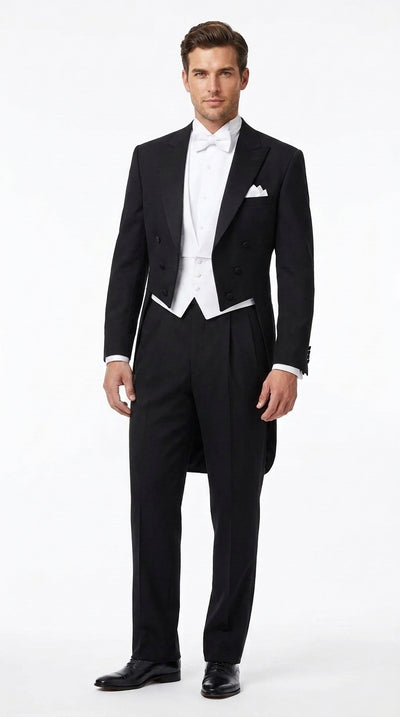 Menβs Black Victorian Tailcoat Tuxedo β 1800s 19th Century Edwardian Peak Lapel Formal Suit