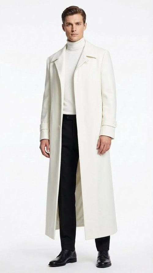 Mens Off-White Long Trench Coat β Overcoat with Classic Clean Design Duster Maxi Coat in Ivory Color