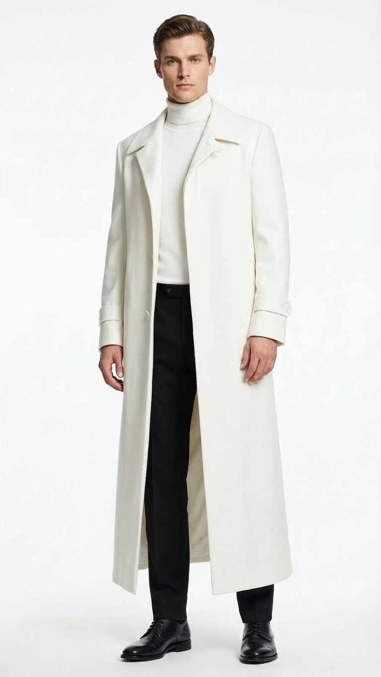 Mens Off-White Long Trench Coat β Overcoat with Classic Clean Design Duster Maxi Coat in Ivory Color