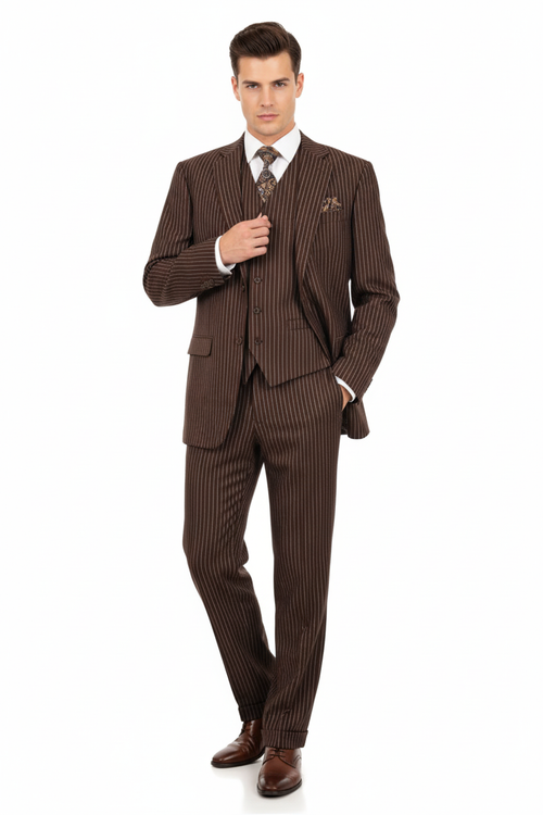 Men’s Brown Pinstripe 3-Piece Suit – Classic Business and Formal Wear with Vest