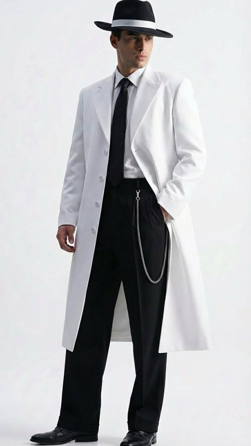 Men’s White Long Zoot Style Suit | Vintage Gangster Mafia Formal Coat with Black Pants