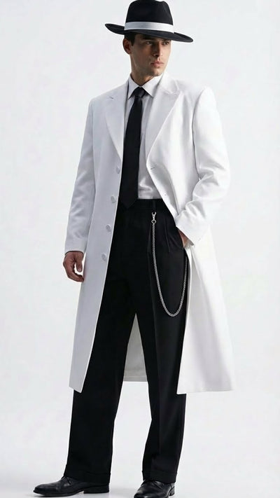 Men’s White Long Zoot Style Suit | Vintage Gangster Mafia Formal Coat with Black Pants