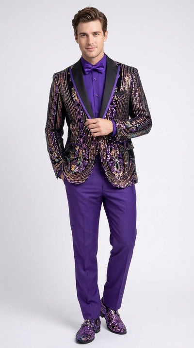 Mens Mardi Gra Black and Purple and Gold Sequin Tuxedo Jacket Set – Designer with Floral Pattern Jacket Formal Wedding Party Wear Bowtie