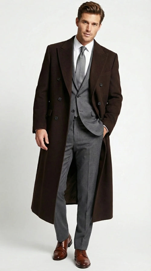 Menās Brown Long Overcoat ā Double Breasted Classic Formal Winter Coat for Business, Topcoat and Cold Weather Wear