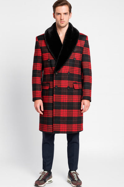 Mens Red and Black Plaid Wool Overcoat with Black Faux Fur Shawl Collar – Double-Breasted Winter Coat - Tartan Design