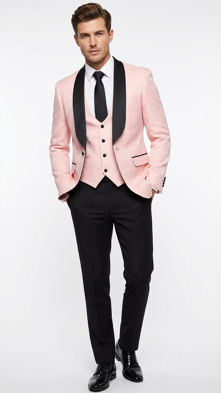Men’s Blush Pink Tuxedo Suit Set with Black Shawl Lapel – 3 Piece Formal Wedding and Party Prom Vest + Black Pants – SuitUSA