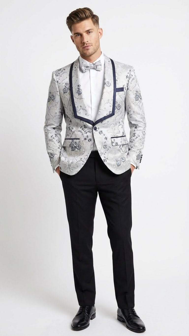 Men’s White and Navy Blue Lapel Floral Jacquard Blazer with Contrast Shawl Lapel – Luxury Wedding and Party Wear Jacket paisley Tuxedo Navy Pants – SuitUSA