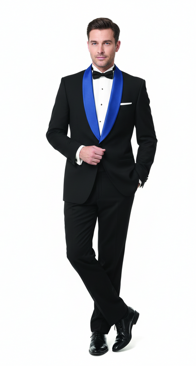 Men’s Black Tuxedo with Royal Blue Shawl Lapel - Modern Formal Dinner Jacket Suit + Pants for Weddings, Proms by USA Men's Outlet