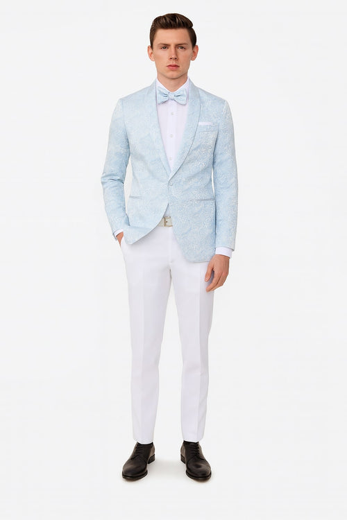 Mens Light Blue Paisley Tuxedo Jacket with Matching Bow Tie – Slim Fit Blazer for Weddings, Prom, and Formal Events