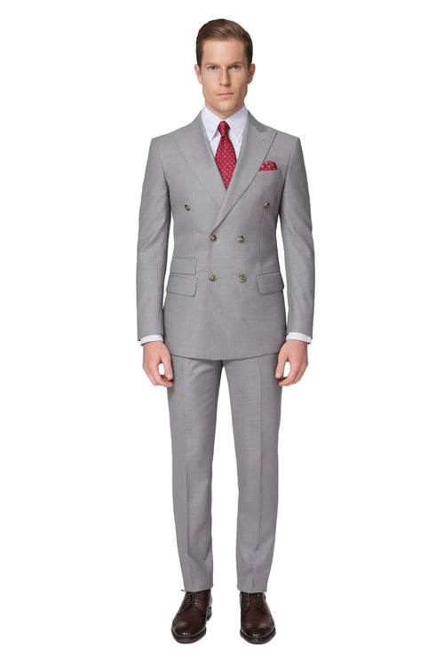 Mens Light Grey Double-Breasted Suit – Classic Slim Fit Business and Wedding Formal Attire