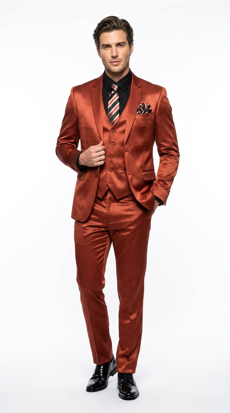 Menās Rust Copper Coganc Shiny Sateen 3 Piece Suit, Vested Formal Wedding Prom Suit Set Ultra Slim Fit
