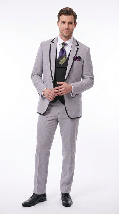 Mens Black and White Pinstripe Wedding Tuxedo Suit – Three Piece Formal Suit Set with Contrast Trim for Groom, Prom - Seersucker Summer Suit