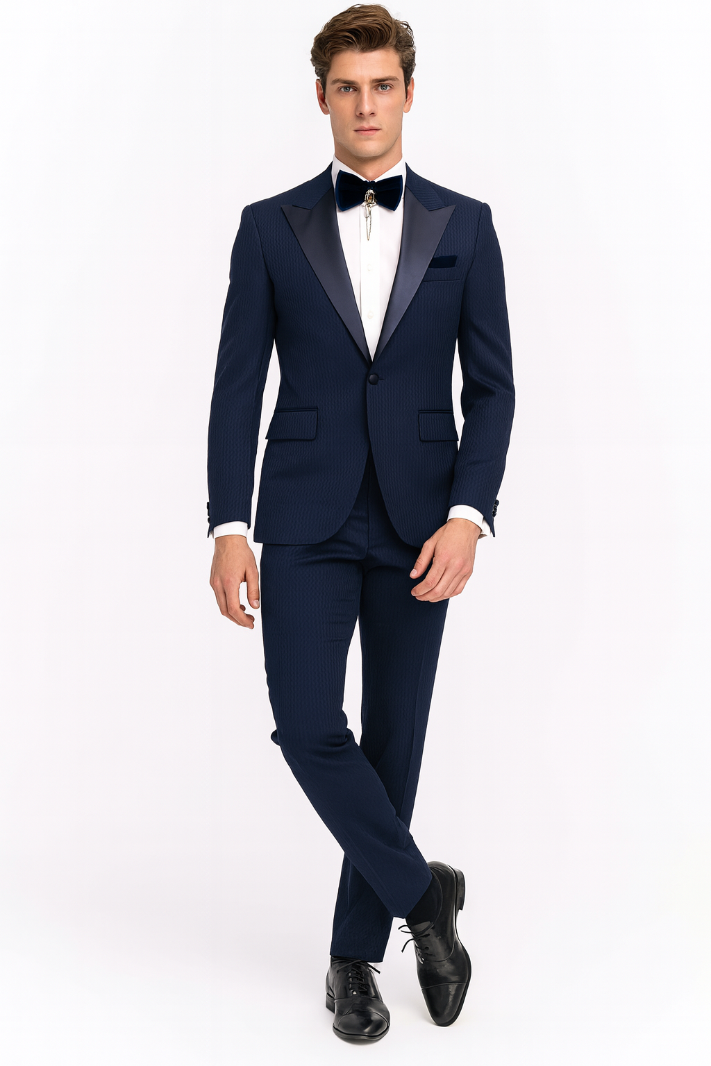 Men’s Navy Blue Tuxedo with Satin Peak Lapel With Matching Color Lapel Sateen – Formal 2 Piece Suits – SuitUSA