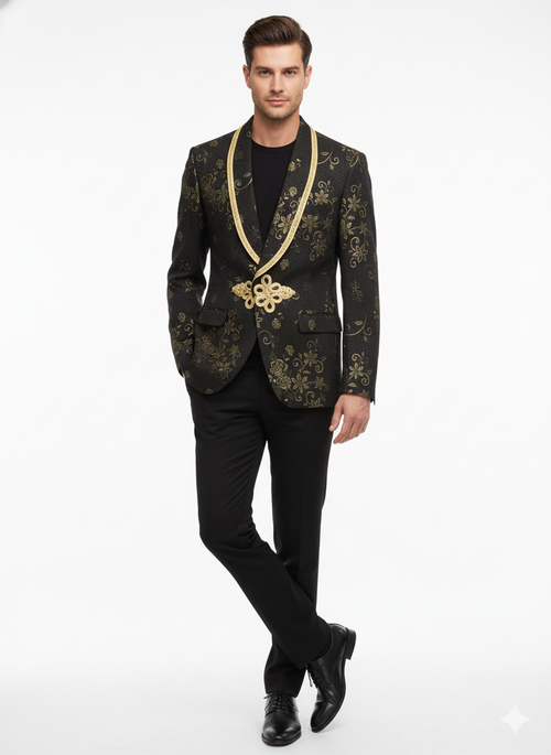 Men’s Black and Gold Embroidered Luxury Blazer - Designer Floral Pattern Wedding & Party Jacket (Sim534) by USA Men's Outlet