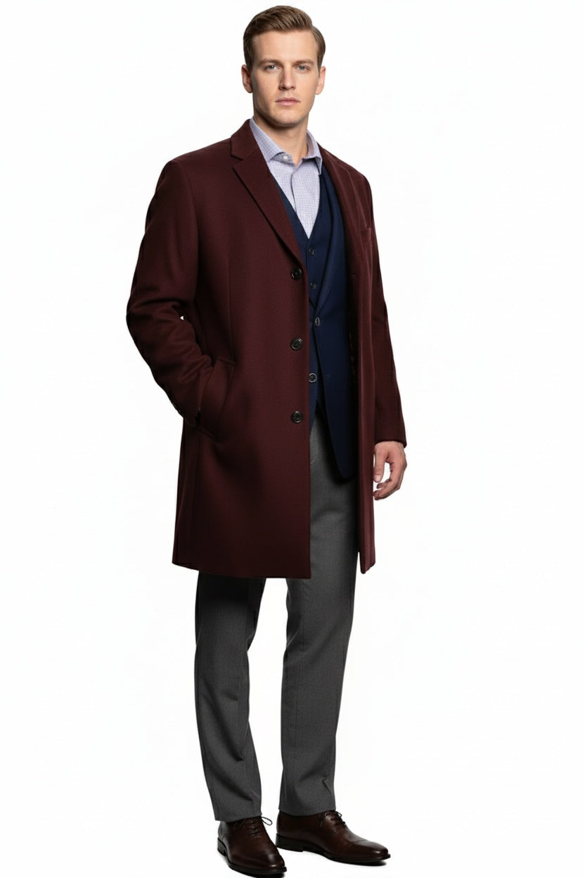 Men’s Burgundy Wool and Cashmere Car Coat – Classic Winter Topcoat for Business and Formal Wear – SuitUSA
