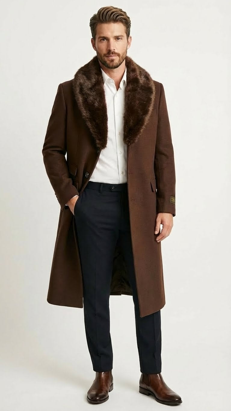 Men’s Brown Long Overcoat with Faux Fur Collar – Classic Winter Formal Coat Three Quarter Carcoat Wool and Cashmere Fabric – SuitUSA