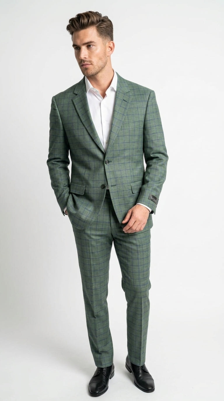 Men’s Tartan olive Green with blue checker Windowpane 2-Piece Suit – Modern Fit Plaid, Business and Formal Suit english styl