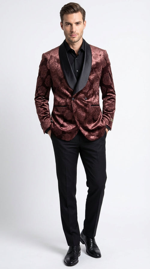 Mens Rust Copper Brick color Floral Jacquard Pasiley Blazer β Pattern Dinner Jacket with Black Shawl Lapel for Formal dinners and Wedding