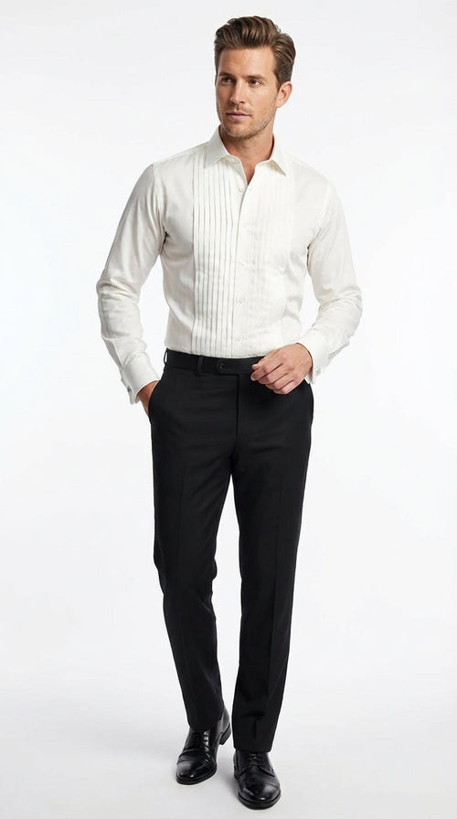 Men’s Ivory Cream Off White Pleated Tuxedo Dress Shirt | French Cuff Formal Wedding Shirt