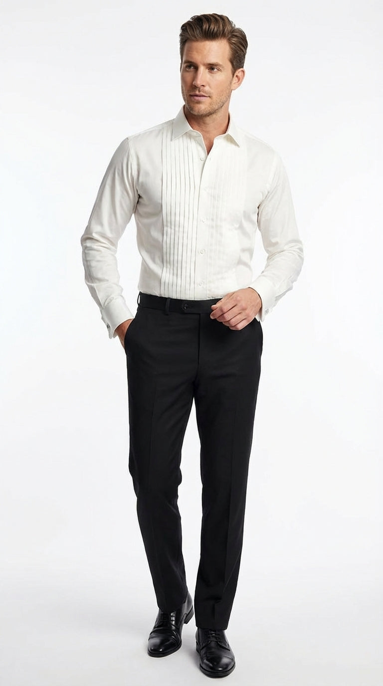 Men’s Ivory Cream Off White Pleated Tuxedo Dress Shirt | French Cuff Formal Wedding Shirt