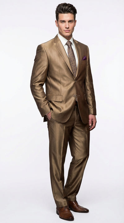Mens Gold Brown Tan Beige Khaki Bronze Formal Suit – Luxury Metallic Finish Wedding and Prom Suit for Men