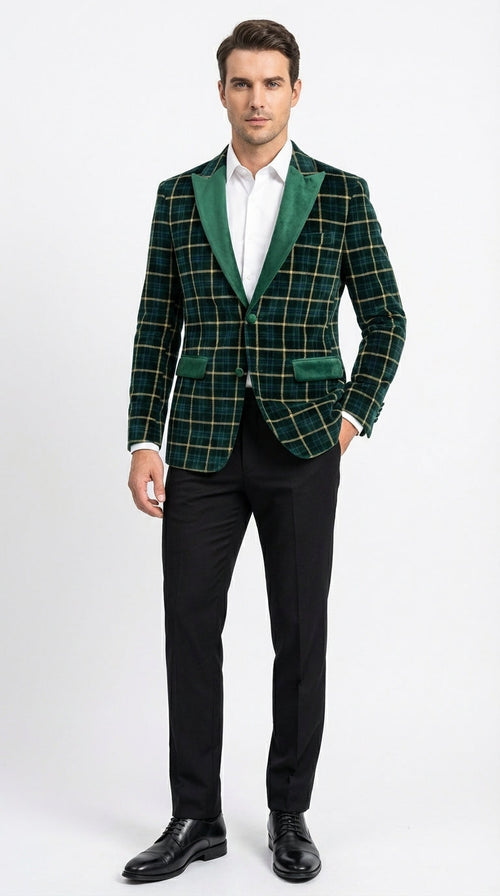 Mens Tartan Green and Gold Check Blazer β Windowpane Plaid Sport Coat Velvet Lapel Plaid Christmas Holiday New Year Jacket