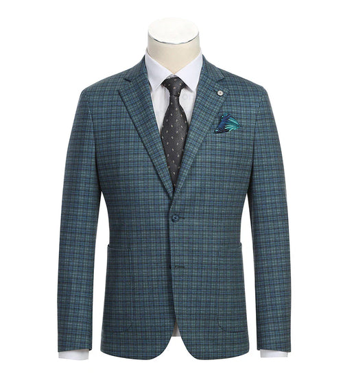 Half Canvas Slim Fit Blazer in Green Blue Check by Pellagio