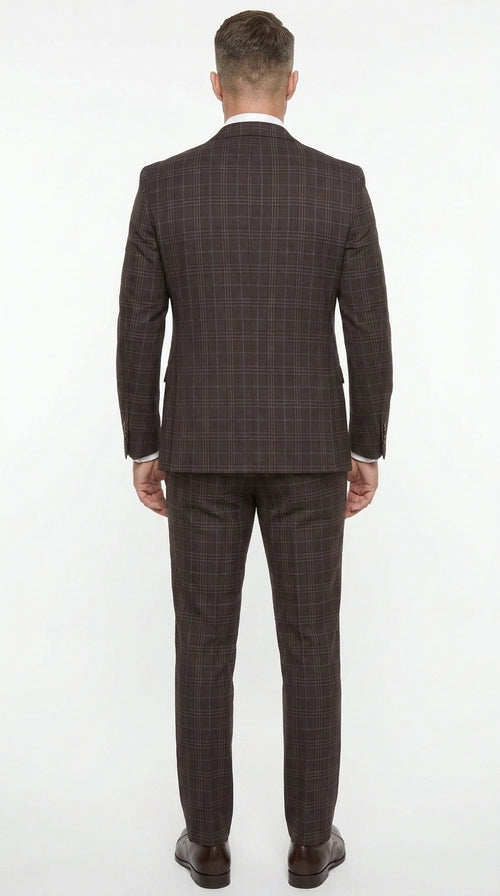 Men’s Vitali 3PC Suit – Choclate Brown and blue Plaid Check 3-Piece Suit with Double-Breasted Vest Modern Fit Side Vented