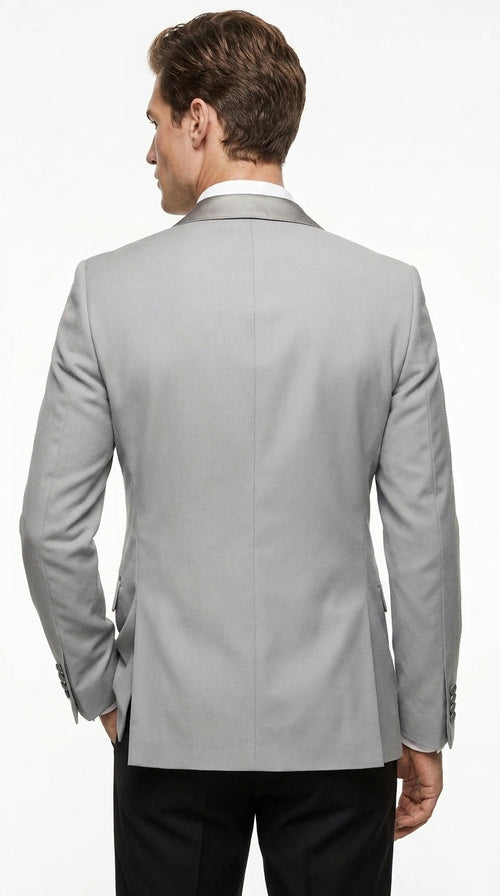 Men’s Silver Dinner Jacket – Satin Peak Lapel Tuxedo Blazer for Weddings, Prom & Formal Events in color silver grey