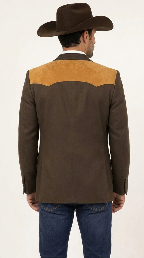 Men’s Chocolate Brown Western Blazer – Cowboy Sport Coat with Tan Suede Yoke for Rodeo & Country Wear