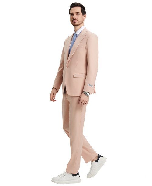 Stacy Adams Men’s Premium Blush Pink-Rose Gold Modern Fit Three Piece One Button Peak Lapel Suit