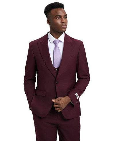Stacy Adams Men’s Premium Burgundy-Maroon Modern Fit Three Piece One Button Peak Lapel Suit