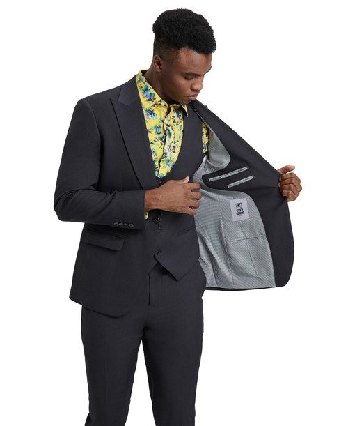Stacy Adams Men’s Premium Charcoal gray-Dark Grey Modern Fit Three Piece One Button Peak Lapel Suit