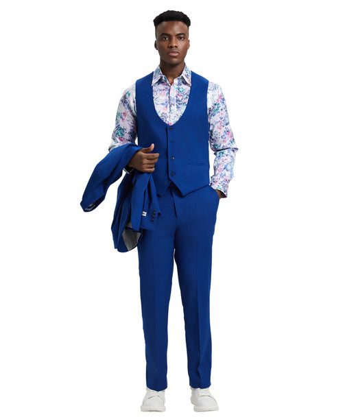 Stacy Adams Men’s Premium Royal Blue Modern Fit Three Piece One Button Peak Lapel Suit