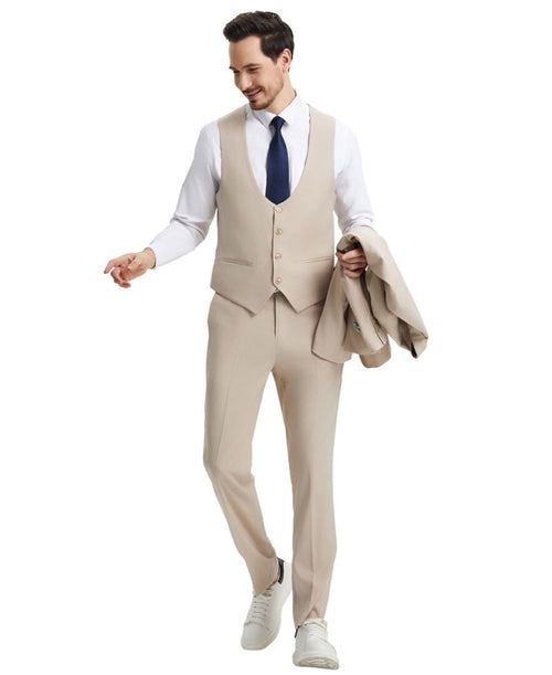 Stacy Adams Men’s Premium Tan-Beige Modern Fit Three Piece One Button Peak Lapel Suit