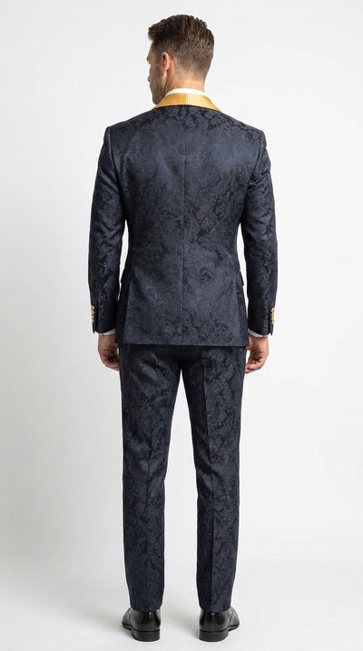 Menβs Black and Gold Hollywood Tuxedo β Double-Breasted Shawl Lapel Prom, Wedding and Formal Suit