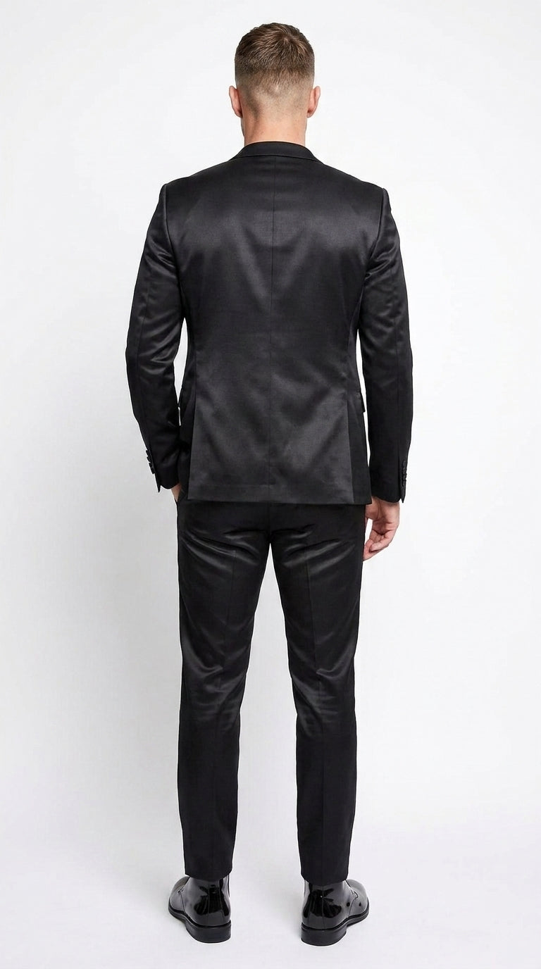 Menβs Black Shiny Sharkskin 2 Piece Suit, Formal Wedding Prom Party Dress Suit