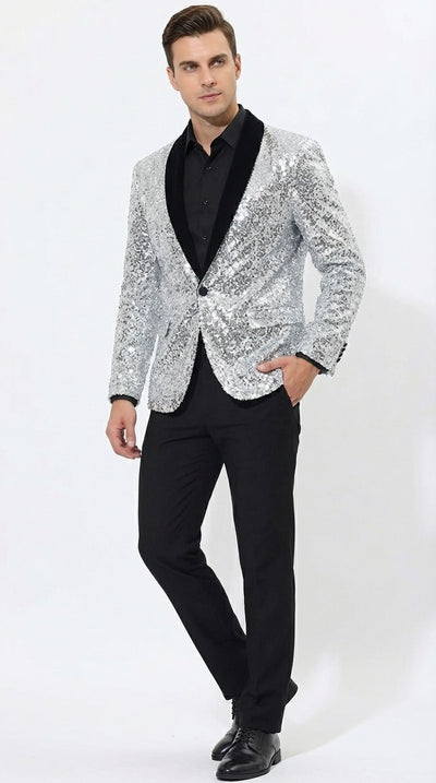 Men’s Silver Sequin Blazer Disco Style Jacket – Black Lapel Party Blazer, Shiny Evening Wear, 70s Dance Outfit, Formal Event Jacket