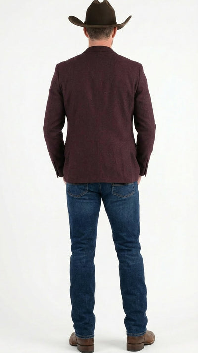 Men’s Burgundy Western Blazer Jacket, Textured Cowboy Style Sport Coat for - Tweed Herringbone Maroon Color