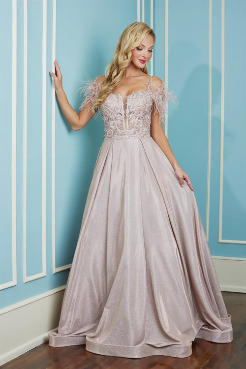 Adora Design 3128 Metallic Glitter Feather Off Shoulder Prom Gown