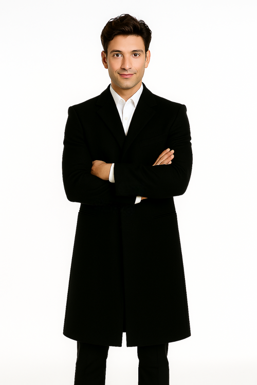 Men's Black Wool Overcoat - 3 Button by Alberto Nardoni