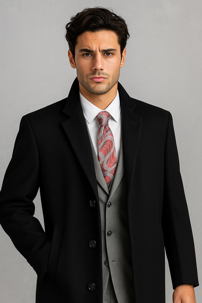 Men's Black Wool & Cashmere Overcoat - Classic Full Length Topcoat USA Men's Outlet