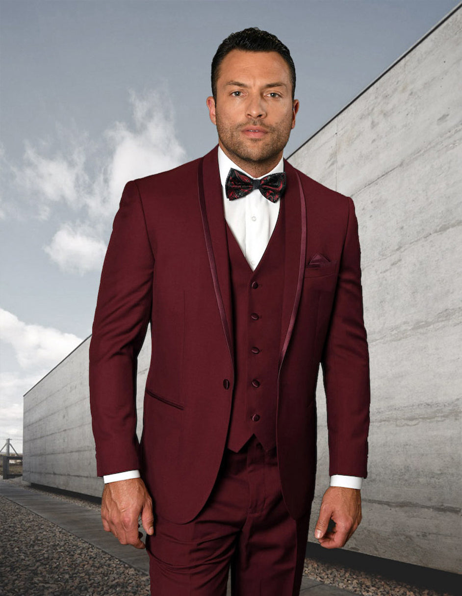 Maroon Prom Suit - Maroon Prom Tuxedo Suits - Maroon Wedding Tuxedo Mens Vested Shawl Lapel Tuxedo With Satin Trim in Burgundy – SuitUSA