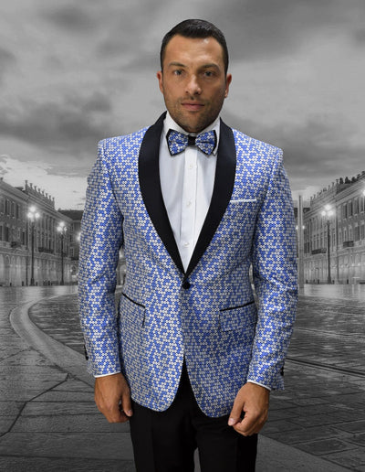 Mens Vested Shiny Diamond Print Tuxedo in Royal Blue