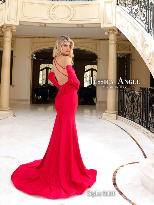 Jessica Angel JA2410 One-Shoulder Mermaid Open Back Train Beaded Jersey Dress