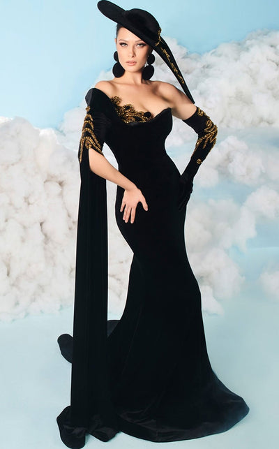 Fouad Sarkis 2606 Black Velvet Gown with Embellished Cape Sleeves