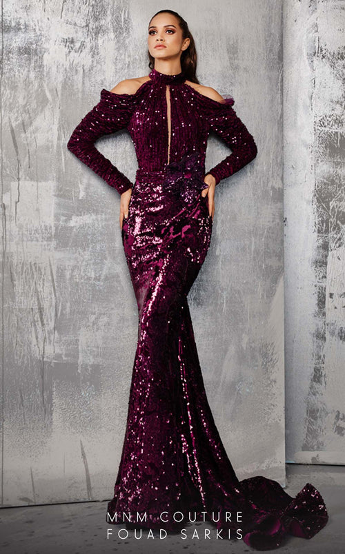 Fouad Sarkis 2607 Magenta Sequin Cold-Shoulder Gown by MNM Couture