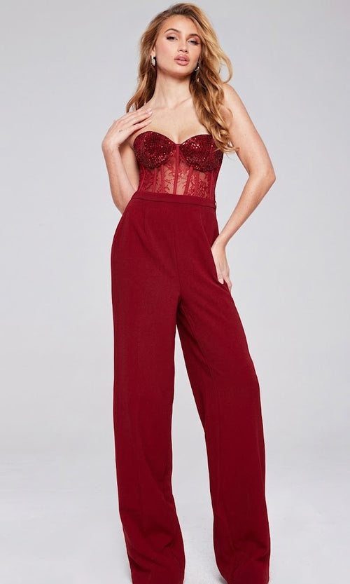 Jovani 42466 Corset Bodice Strapless Embellished Jumpsuit