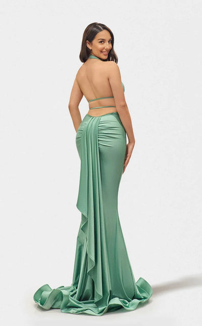 Jessica Angel JA2711 Halter Mermaid High Slit Ruched Train Prom Jersey Dress
