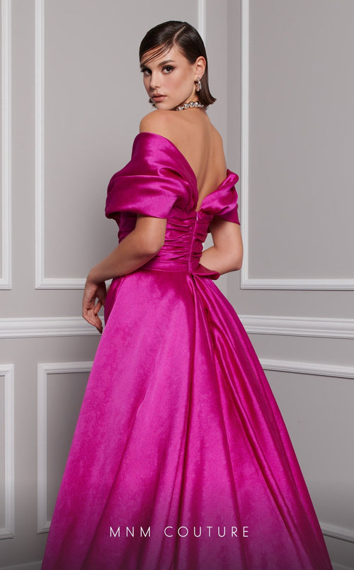 MNM Couture 2747A Mustard Strapless Brocade Gown with Slit and Train